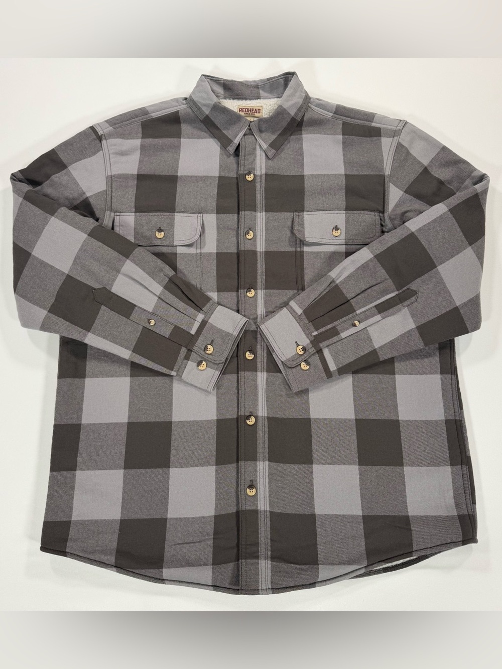 RedHead Mens XL Grey Black Plaid Sherpa Lined Fleece Flannel Shirt Jacket Heavy